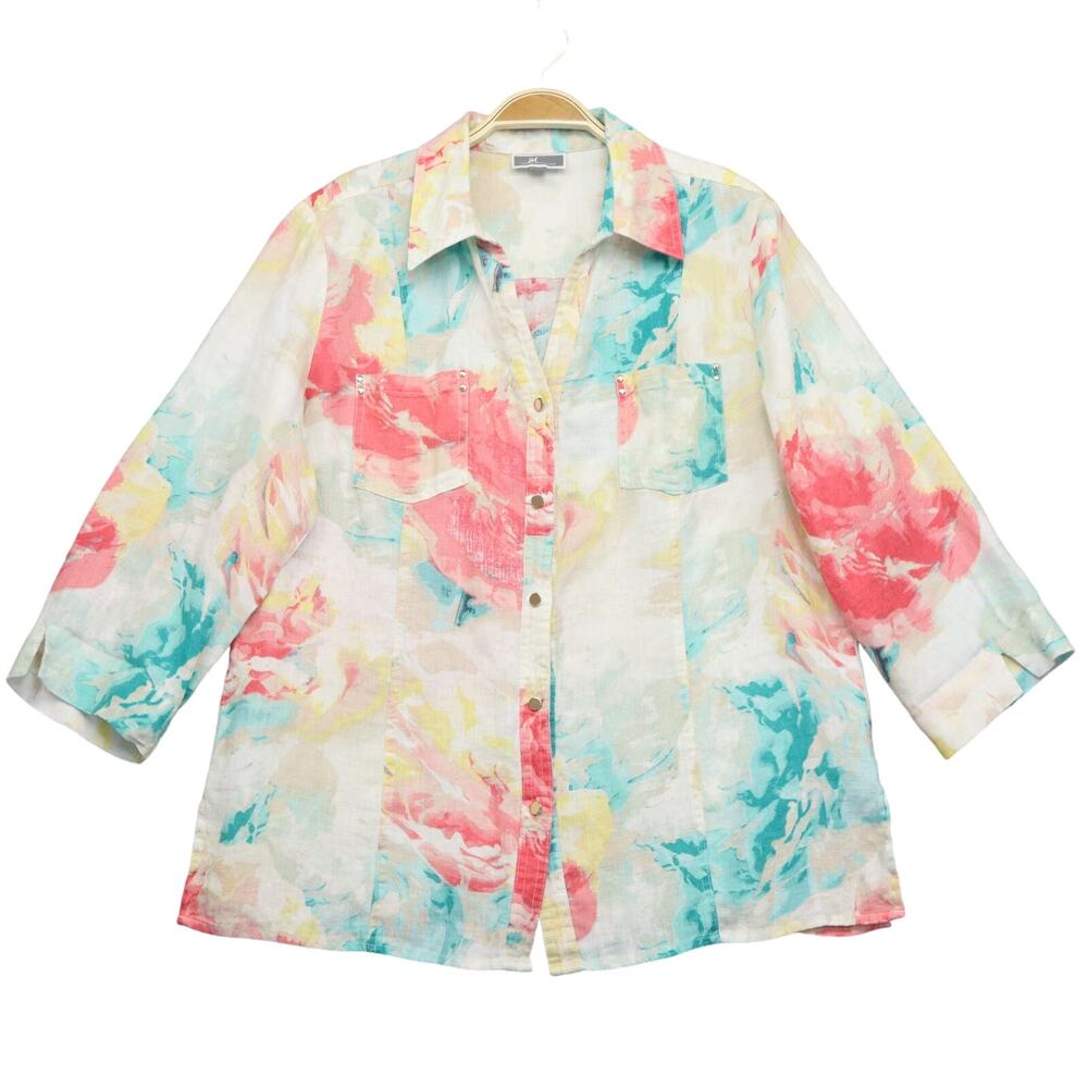 JM Collection Linen Button Up Shirt 14 Floral Rose Watercolor 3/4 Sleeve Artsy